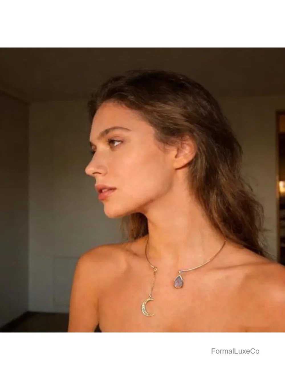 Boho Gold Open Collar Necklace Crystal Moon Pendant Choker Alloy Jewelry